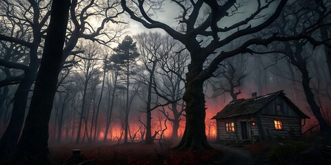 Mysterious Enchanted Forest at Night, Shrouded in Fog and Magic, with Lurking Creatures and an Ominous Atmosphere