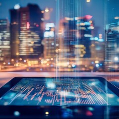 Obraz premium Digital Tablet Display Overlay With Data In A Cityscape At Night Evening Time Cityscape With Data Visualization On Screen Urban Landscape Illuminated With Digital Information Technology Concept With