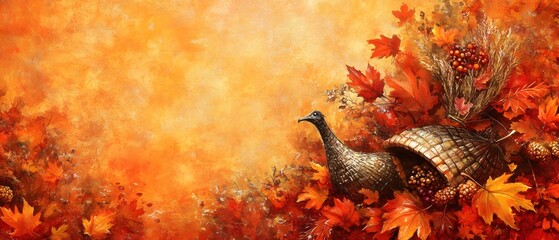 Autumnal Abundance A Thanksgiving Cornucopia Overflowing with Harvest Leaves and a Decorative Turkey
