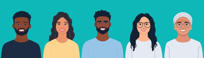 Obraz premium Diverse people portrait, teal background, social inclusion