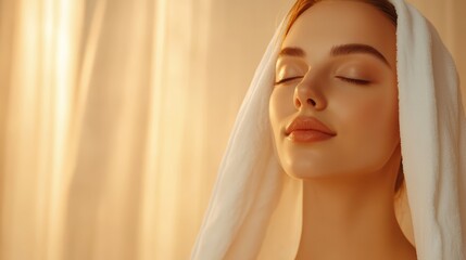 Fototapeta premium Serene woman relaxes with towel on head after spa treatment or home bath