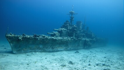 Fototapeta premium Discover a haunting scene of a sunken warship below the sea covered in vibrant coral reefs and surrounded by a plethora of underwater creatures