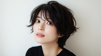 Stylish woman with short hair and black shirt posing for a portrait