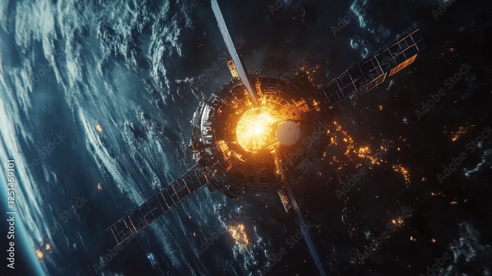Canvas Prints a space station is shown in the sky with a bright light coming from it