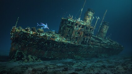 Discover the mysterious depths with a sunken ship entwined in colorful coral glowing with bioluminescent sea life