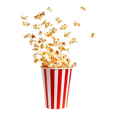 Popcorn in a red and white striped paper cup, flying isolated on a transparent background
