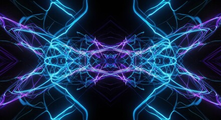 Neon Kaleidoscope: Hypnotic, symmetrical pattern of vibrant blue and purple neon lights creating a mesmerizing kaleidoscopic effect against a black background.  Perfect for futuristic, tech.