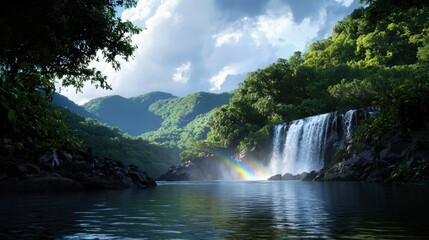 Fototapeta premium A waterfall is flowing into a river in a lush green forest