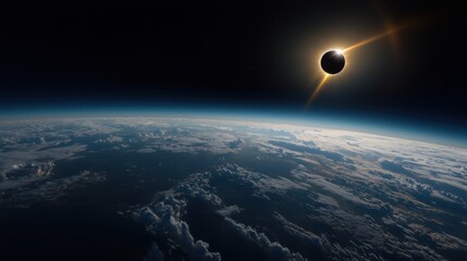 A large, dark, glowing object is seen in the sky above the Earth