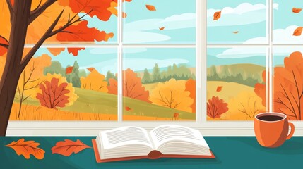Cozy autumn window vector set. Window with autumn view, book and coffee cup on the windowsill. Autumn element. Autumn clipart. Seasonal view from window. Flat vector in cartoon style isolated on white