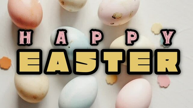 happy easter animated text, wish motion typography, greeting animation, pastel background, egg animation, spring floral motion, bunny illustration, festive text reveal, soft color palette, joyful typo