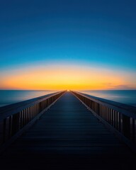 Obraz premium Serene sunset over water wooden pier landscape coastal environment wide angle view tranquil reflection