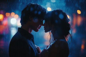 Fototapeta premium Couple embracing under umbrella, kissing in rain.