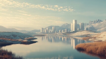 Obraz premium A city with a large body of water in the background