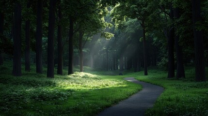 A path in a forest with trees on either side
