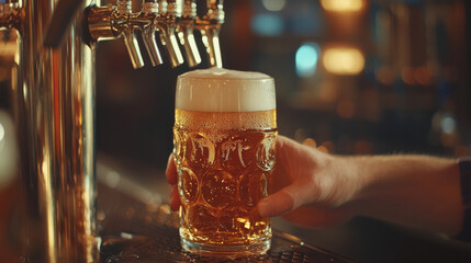 A bartenderâ€™s skilled hands expertly pouring a freshly crafted beer from the tap into a glass, set in the warm ambiance of a pub--evoking relaxation and refreshment