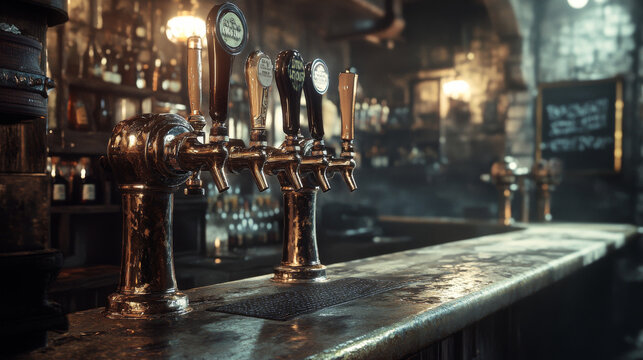 A close-up of beer taps in a pub, presented in a vintage style with selective focus--highlighting the shiny steel design and rustic bar ambiance