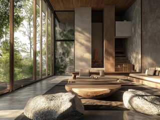 Aesthetic elegant minimalist japandi interior design. Clear mock up empty wall for decoration. Copy space. Neutral palette of natural colors.