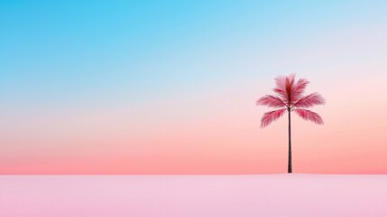 Lone palm tree silhouette at sunset tropical beach nature serene environment wide-angle view tranquility