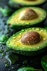Fresh Avocado on glossy clean surface. studio lighting, highlighting details and texture. clean white background. 