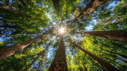 Obraz premium Large green trees in the forest and sunlight