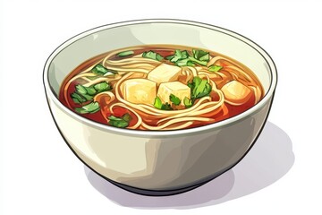 A bowl of tofu noodle soup with green garnish