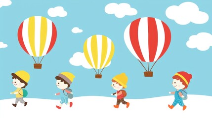 Kids walking towards hot air balloons in a snowy landscape.  Possible use Children's book illustration