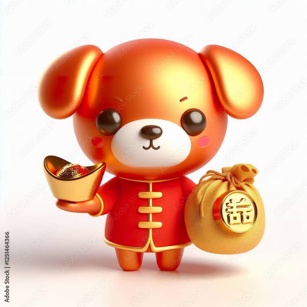 Wall mural 3D Chinese New Year cute gold red dog character holds an Ingot on a white background