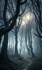 Obraz premium Mysterious Enchanted Forest at Night, Shrouded in Fog and Magic, with Lurking Creatures and an Ominous Atmosphere