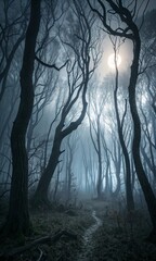 Obraz premium Mysterious Enchanted Forest at Night, Shrouded in Fog and Magic, with Lurking Creatures and an Ominous Atmosphere