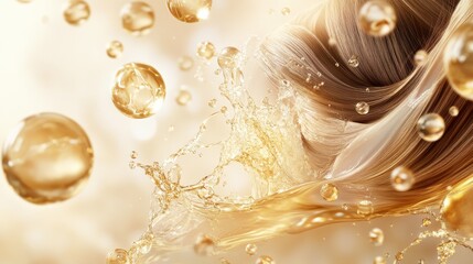 3d hair care render macro background. Scalp with follicle and oil vitamin serum or shampoo, liquid transparent drop with gold bubbles. Cosmetic banner, treatment and repair concept. 3D Illustration