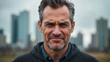 Obraz premium Man showing contempt in front of city skyline