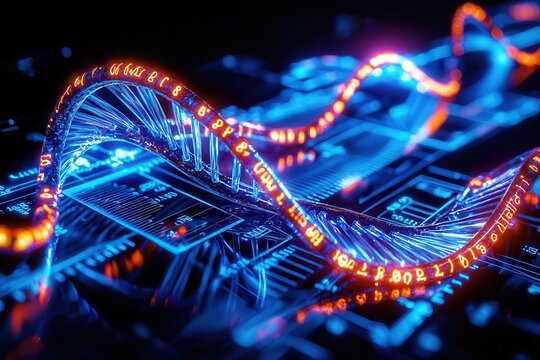 DNA helix: The foundation of biological innovation. Abstract digital wave with glowing circuitry and binary code elements.