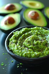Obraz premium Sliced Avocado next to a dark bowl of Guacamole, placed on glossy white surface. 