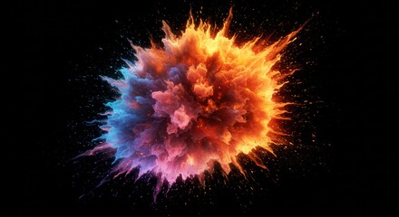 Cosmic Burst of Color: An abstract explosion of vibrant hues against a black backdrop, capturing a fleeting moment of raw energy and dynamic movement.