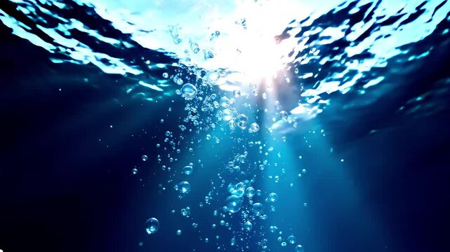 Underwater sunlight with rising blue bubbles motion background