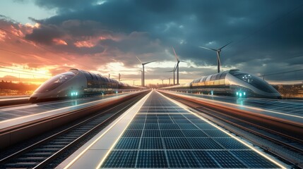 Obraz premium A futuristic train station with two trains on the tracks