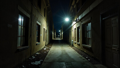 Dark alleyway at night with street lamps