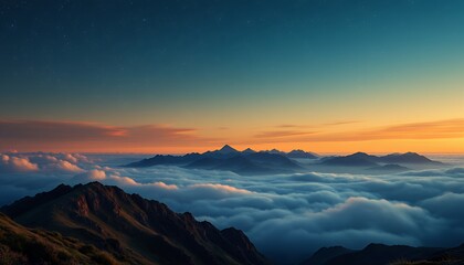 Mountain Peaks Emerging From Cloud Sea with Sunset and Starry Sky