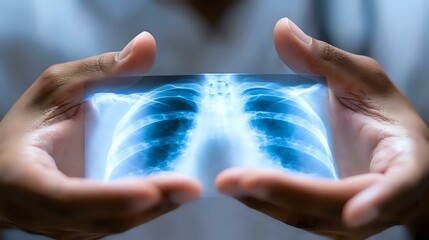 Glowing chest x-ray film held in hands against light, showing ribcage and lung scan. Medical diagnostic radiography examination with blue tones creates dramatic effect.