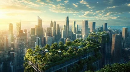 Naklejka premium A city with a green roof and a sky with clouds