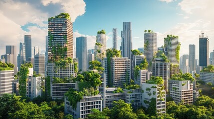 Obraz premium A cityscape with buildings covered in plants and trees