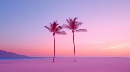 Obraz premium Sunset serenity palm trees on a tranquil beach coastal landscape peaceful evening vibe