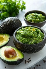 Sliced Avocado next to a dark bowl of Guacamole, placed on glossy white surface. 