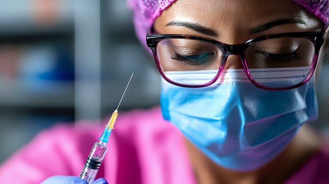 Young African American female medical professional in protective mask and glasses holding syringe, wearing pink scrubs, preparing vaccination or medical procedure. - Powered by Adobe