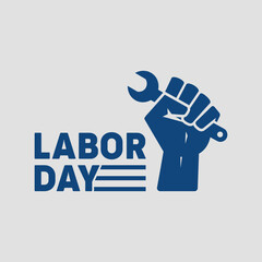 Labor Day logo, raised fist holding wrench, blue silhouette, white background, minimalist design