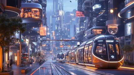 Fototapeta premium A futuristic city with a train running on a track