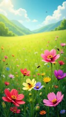 serene summer field with a variety of colorful wildflowers and bees, landscape, bee, wildlife