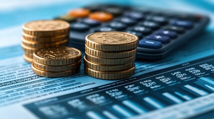 Stacks of Gold Coins on Financial Report with Calculator Business Finance and Investment Concept