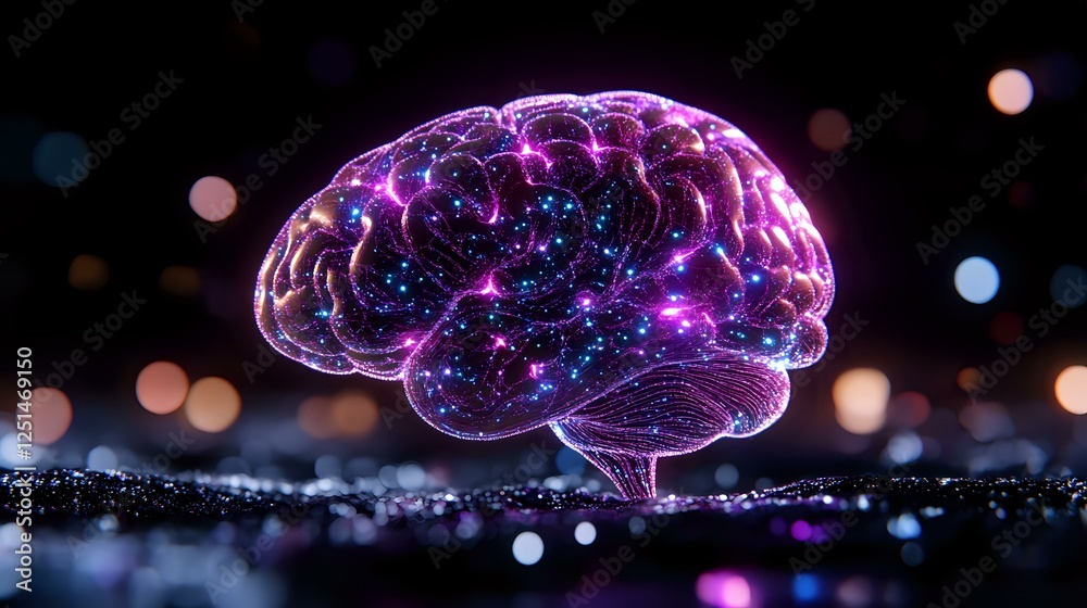 Poster glowing purple brain with neural connections against dark background with bokeh lights, representing